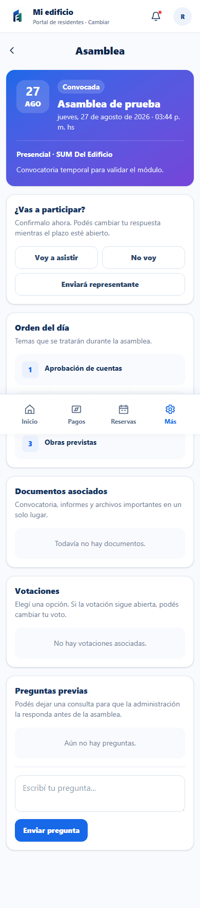 Asambleas en la aplicación de propietarios