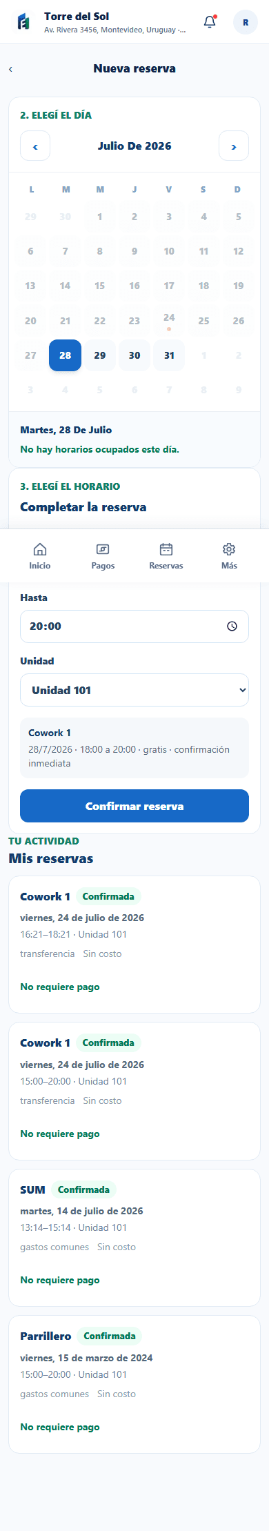 Reserva de amenities en la aplicación de propietarios
